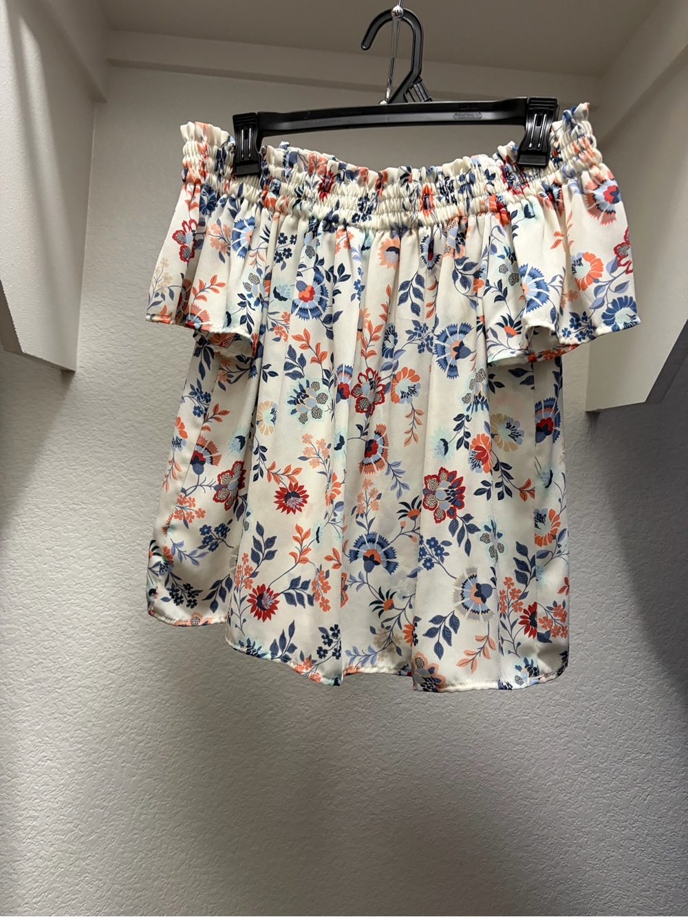 Off-Shoulder Floral Top in Ivory with Blue & Coral Print - Picture 2 of 2